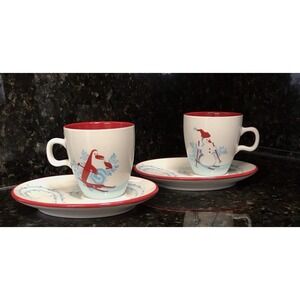 Set of 2 Starbucks 2007 Christmas Coffee Cup & Saucer Holiday‎ Snowman & Penguin